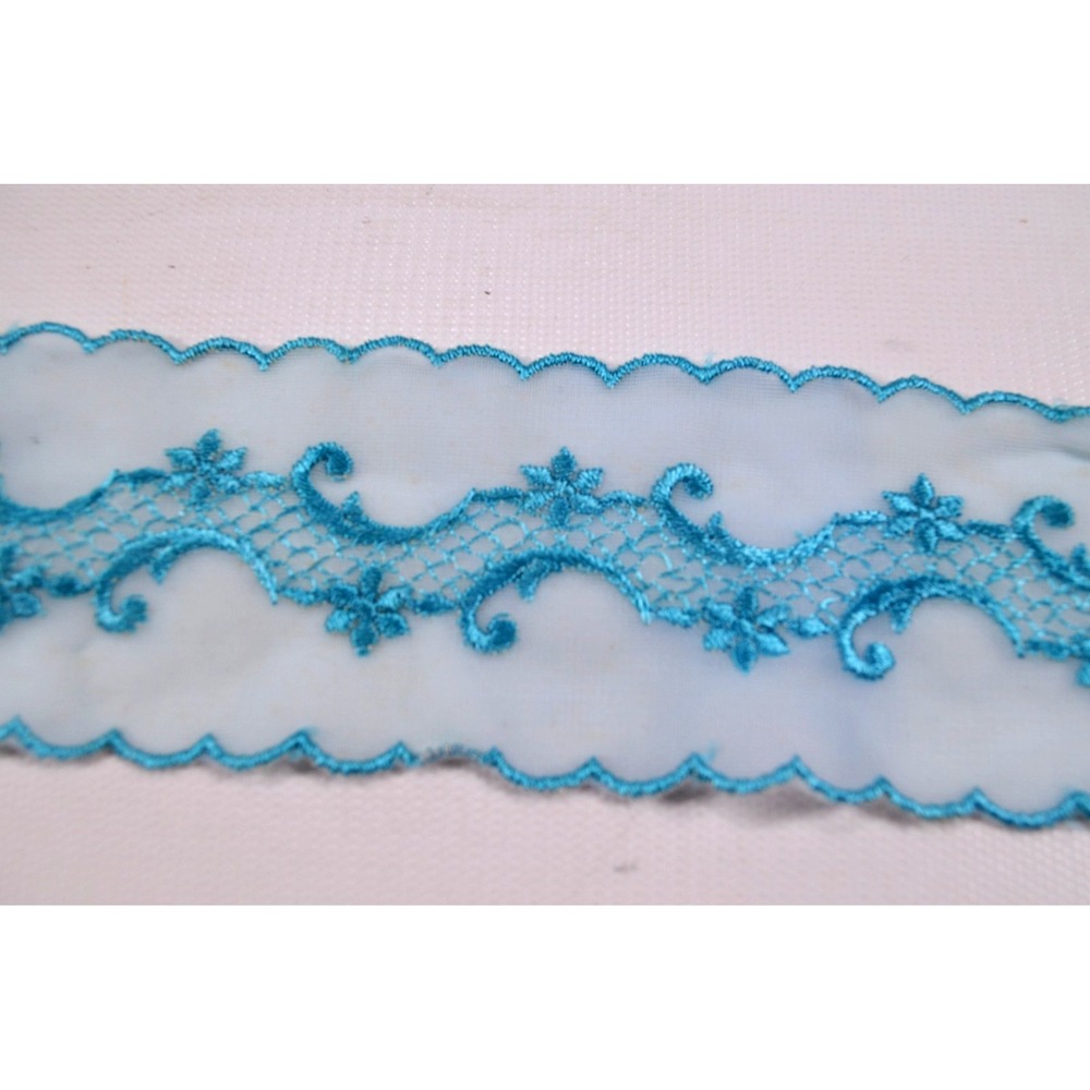 Vintage Blue Embroidered Tulle Trim Lace Embroidered Scalloped Edge 6.75 yards